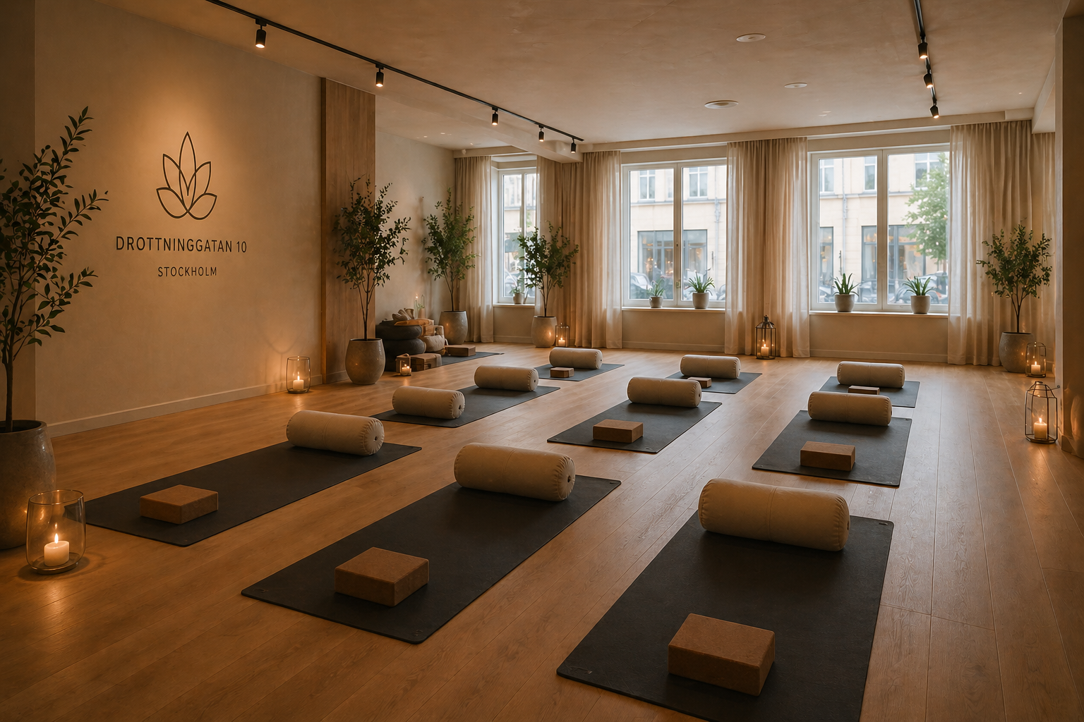 Yogastudio med yogamattor och kuddar