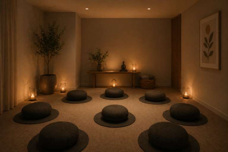 Harmonisk yogastudio med ljus och kuddar