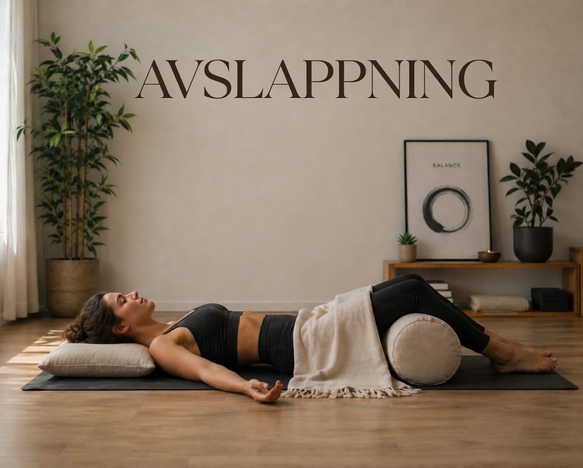 Kvinna som ligger och gör en avslappningsövning på en yogamatta
