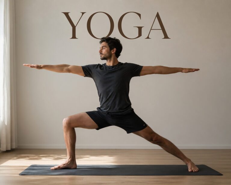 Man som står i yogaställning krigaren på en yogamattta