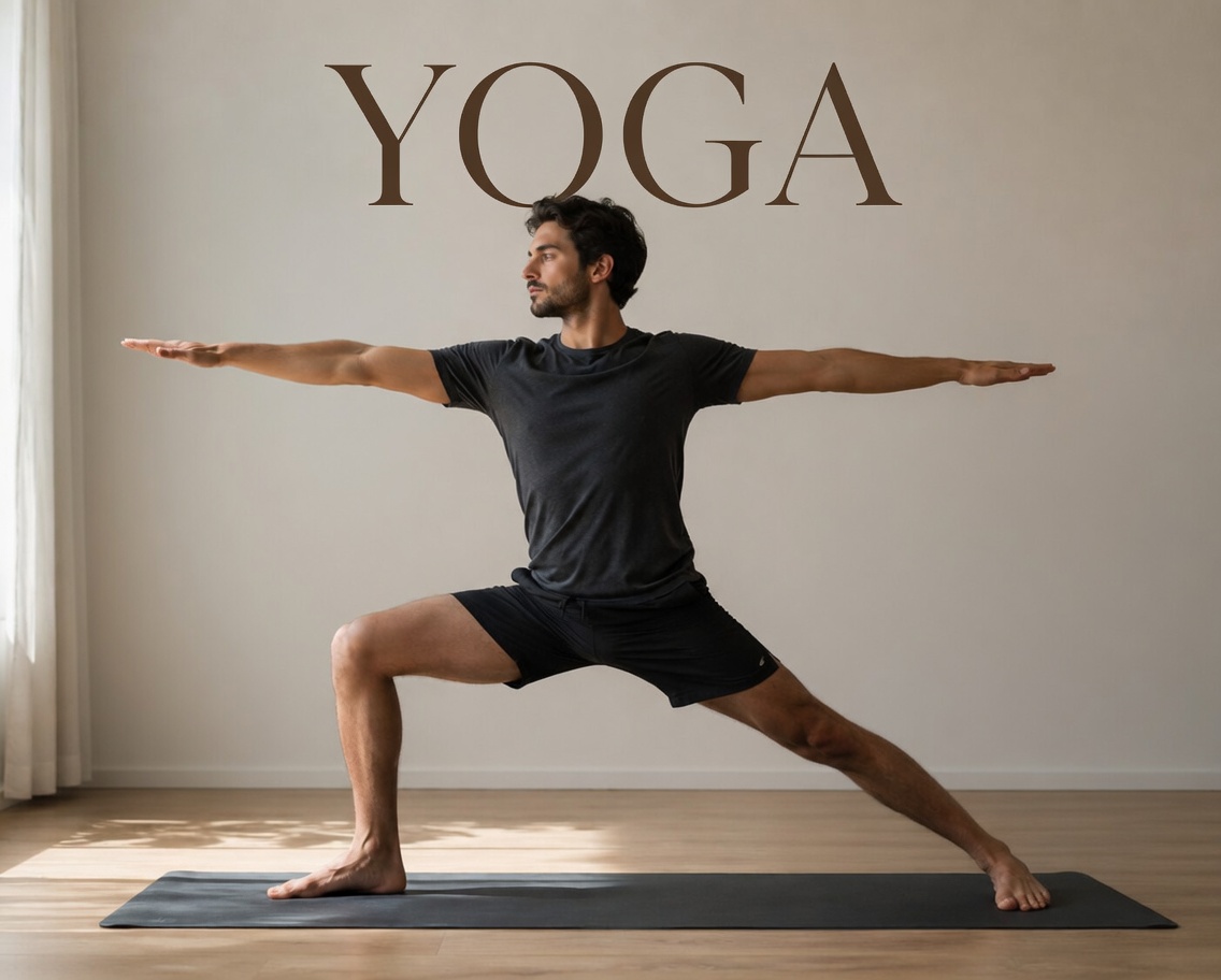 Man som står i yogaställning krigaren på en yogamattta